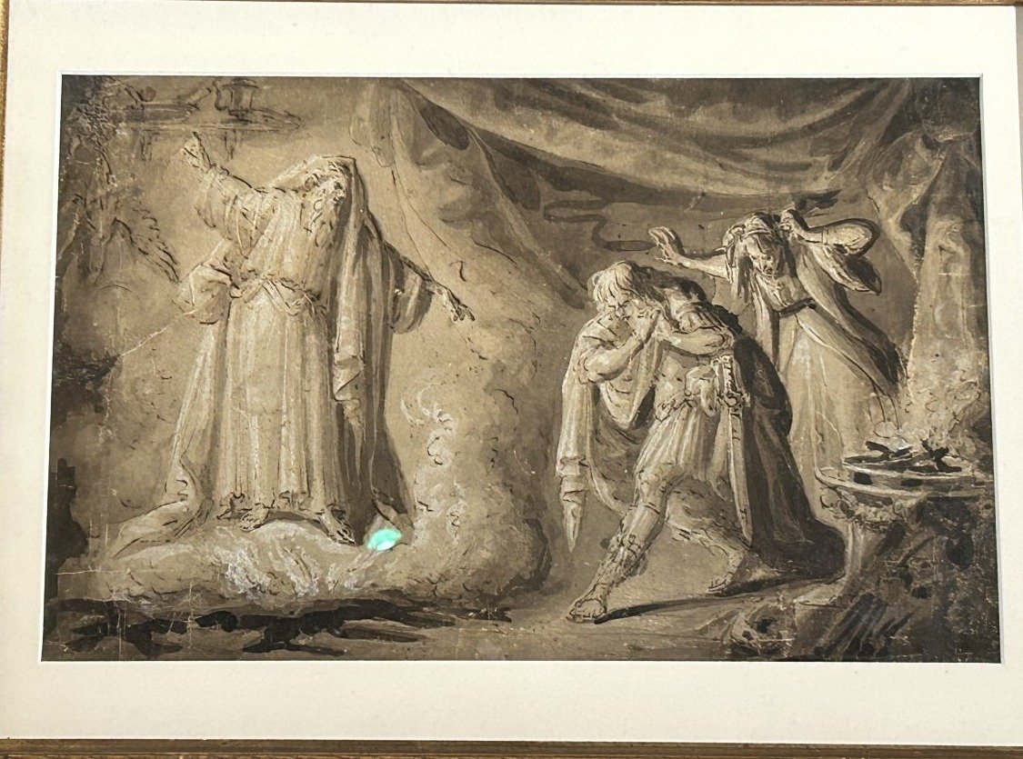 Saül et la sorcière d'Endor,  encre et blanc de plomb sur papier. Artiste du nord, XVIIe siècle-photo-2