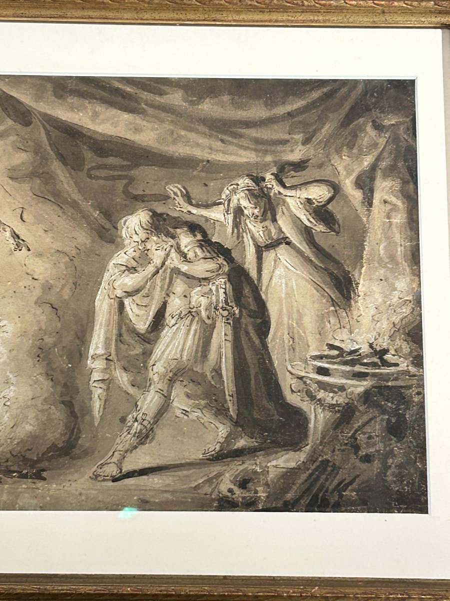 Saül et la sorcière d'Endor,  encre et blanc de plomb sur papier. Artiste du nord, XVIIe siècle-photo-3