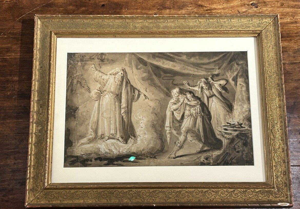 Saül et la sorcière d'Endor,  encre et blanc de plomb sur papier. Artiste du nord, XVIIe siècle-photo-4