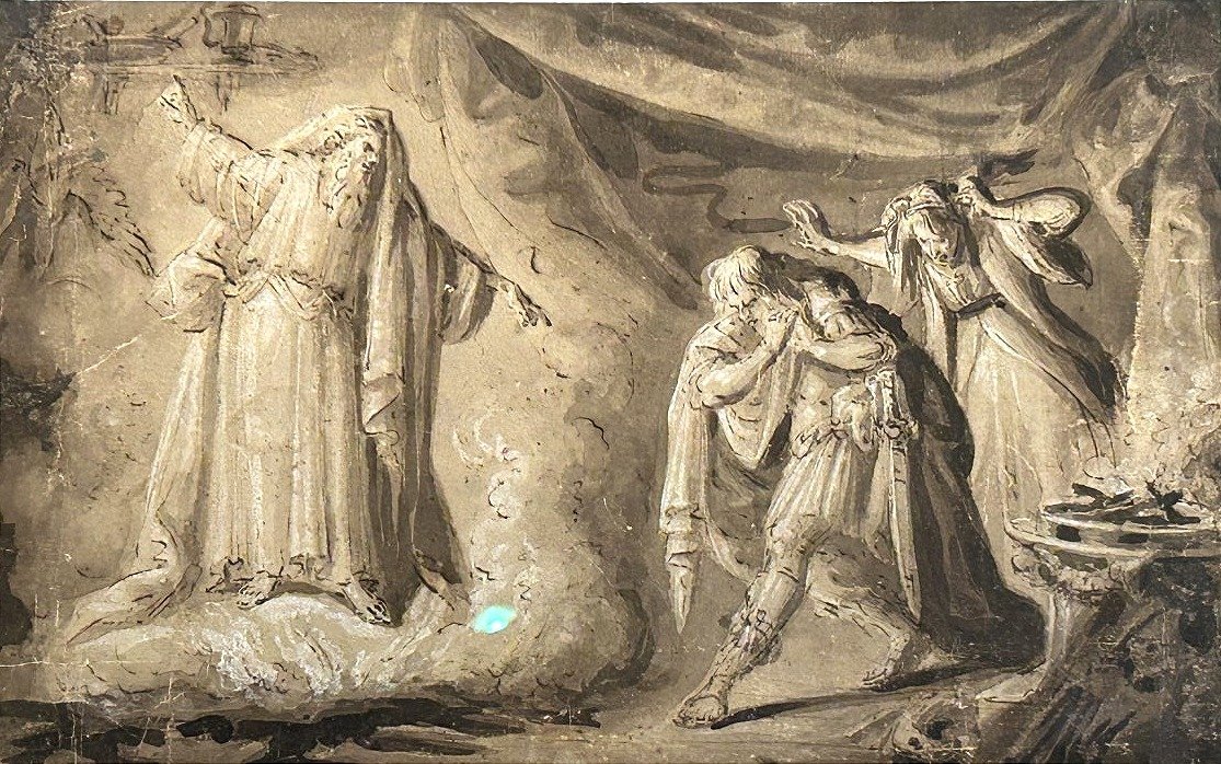 Saül et la sorcière d'Endor,  encre et blanc de plomb sur papier. Artiste du nord, XVIIe siècle-photo-1