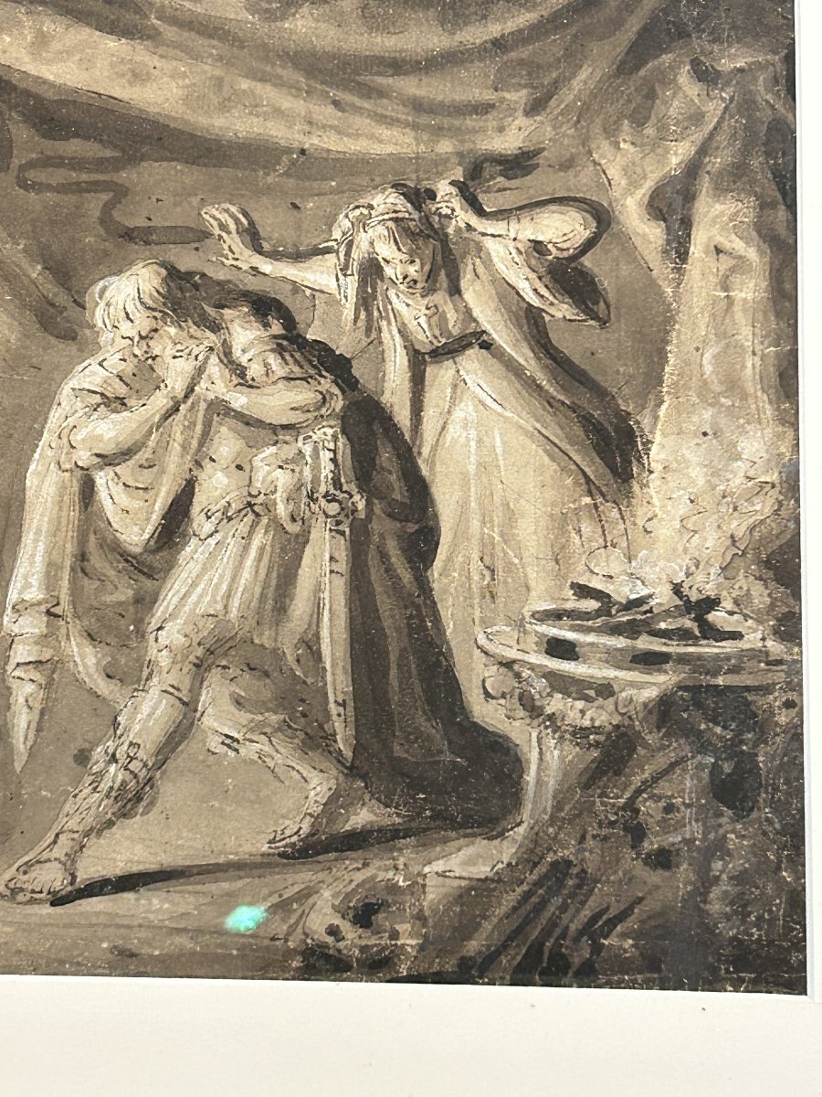 Saül et la sorcière d'Endor,  encre et blanc de plomb sur papier. Artiste du nord, XVIIe siècle-photo-2