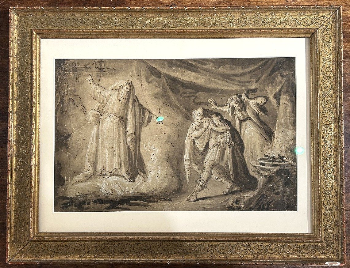 Saül et la sorcière d'Endor,  encre et blanc de plomb sur papier. Artiste du nord, XVIIe siècle