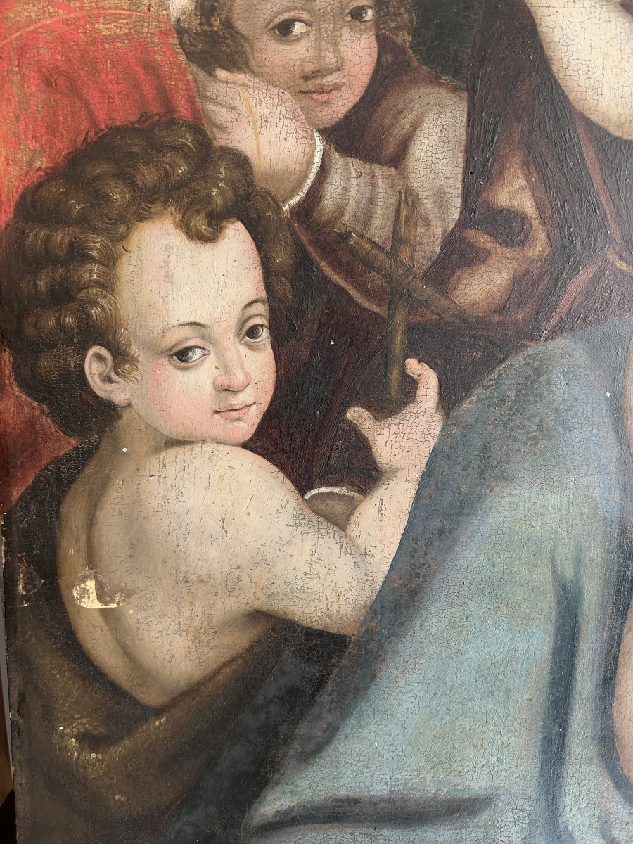 Sainte Famille, huile sur panneau du XVIe siècle, Italie centrale. (90cm x 63cm)-photo-2