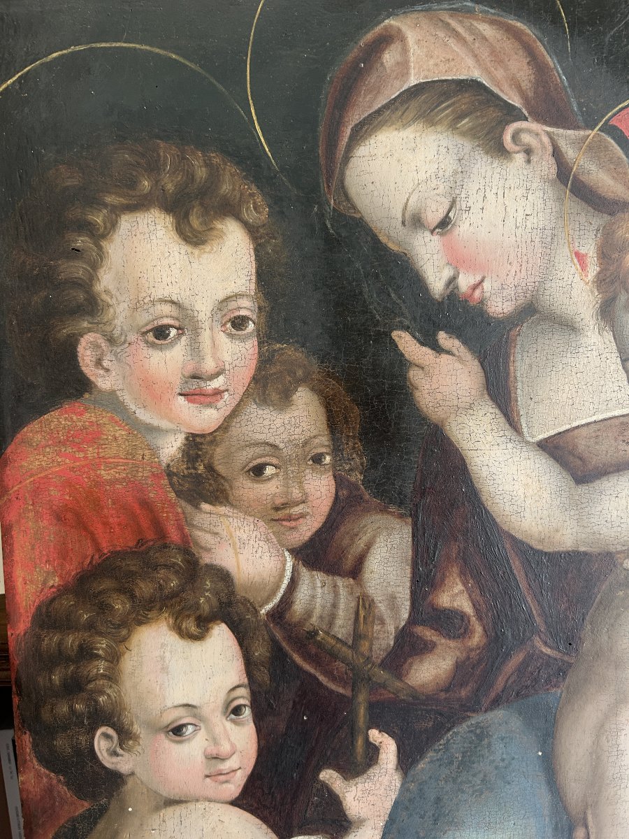 Sainte Famille, huile sur panneau du XVIe siècle, Italie centrale. (90cm x 63cm)-photo-3