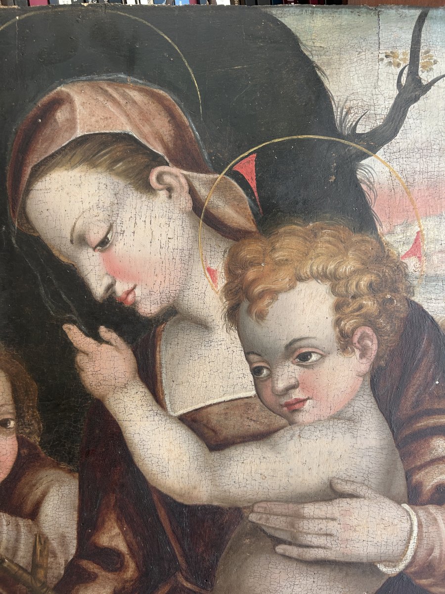 Sainte Famille, huile sur panneau du XVIe siècle, Italie centrale. (90cm x 63cm)-photo-1