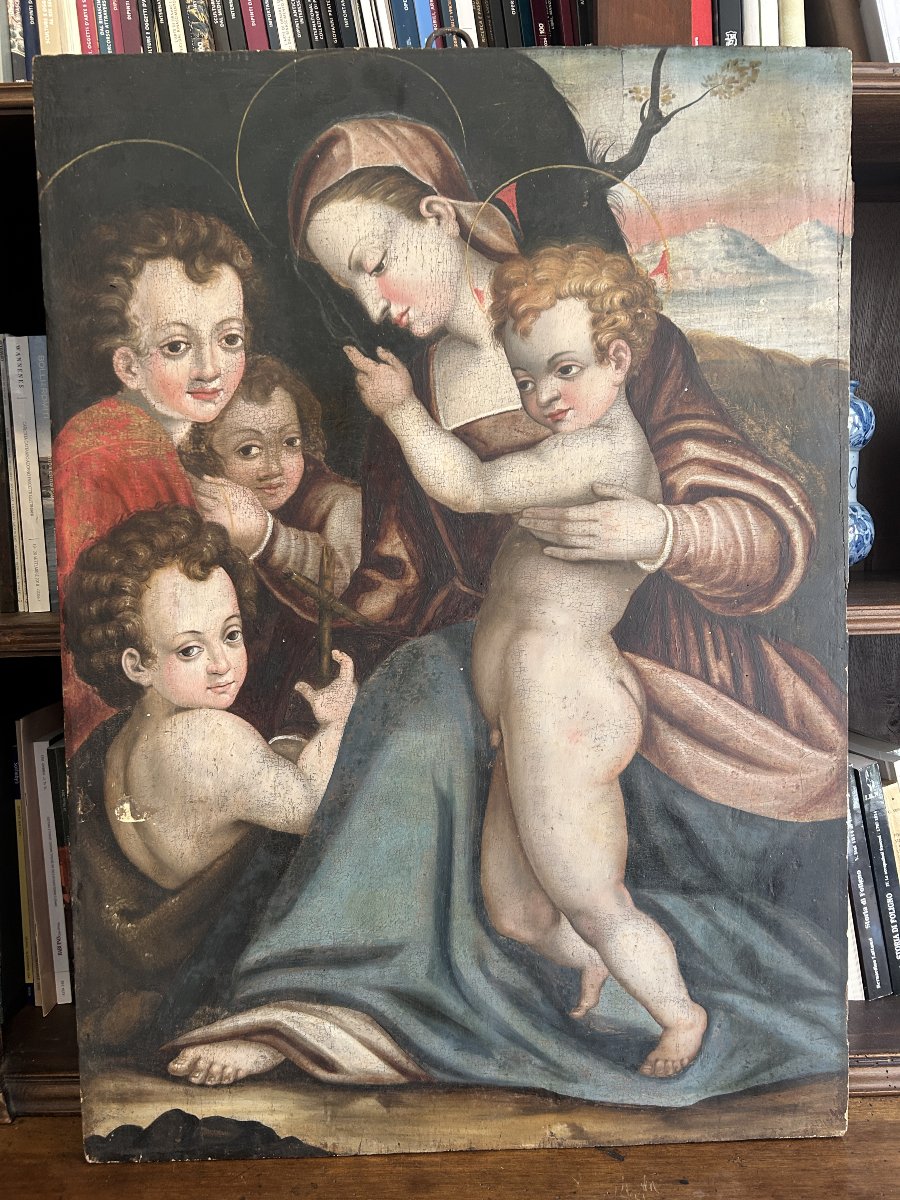 Sainte Famille, huile sur panneau du XVIe siècle, Italie centrale. (90cm x 63cm)-photo-2