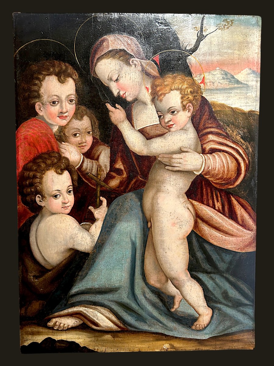 Sainte Famille, huile sur panneau du XVIe siècle, Italie centrale. (90cm x 63cm)