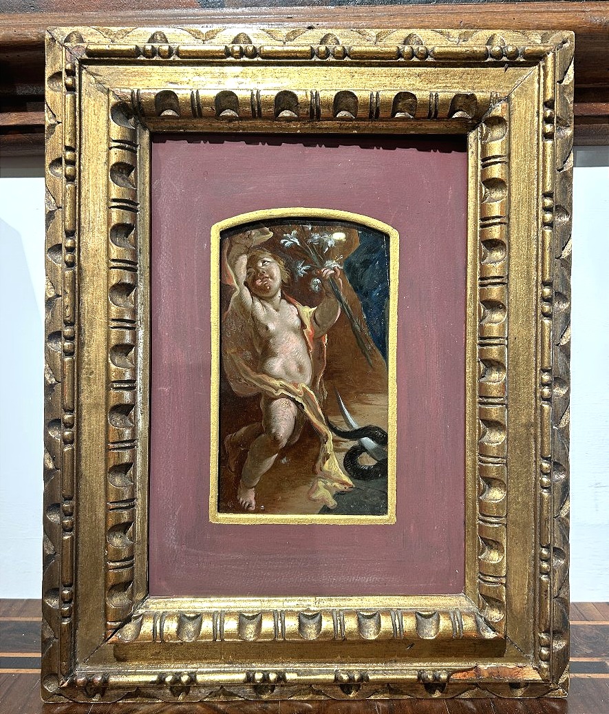 Glass Painting, Fragment Depicting A Cherub From An Immaculate Conception Scene. Naples, Early 18th Century.-photo-2