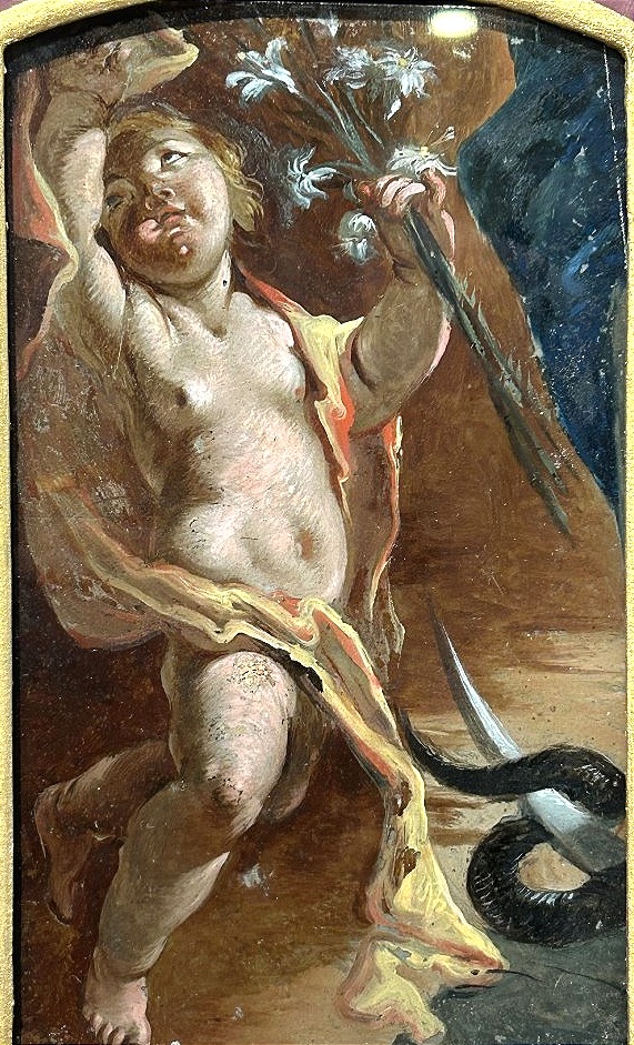 Glass Painting, Fragment Depicting A Cherub From An Immaculate Conception Scene. Naples, Early 18th Century.-photo-4