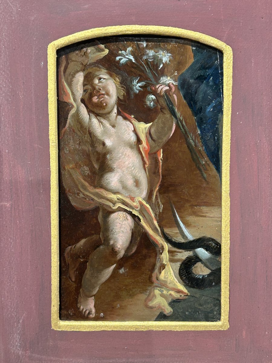 Glass Painting, Fragment Depicting A Cherub From An Immaculate Conception Scene. Naples, Early 18th Century.