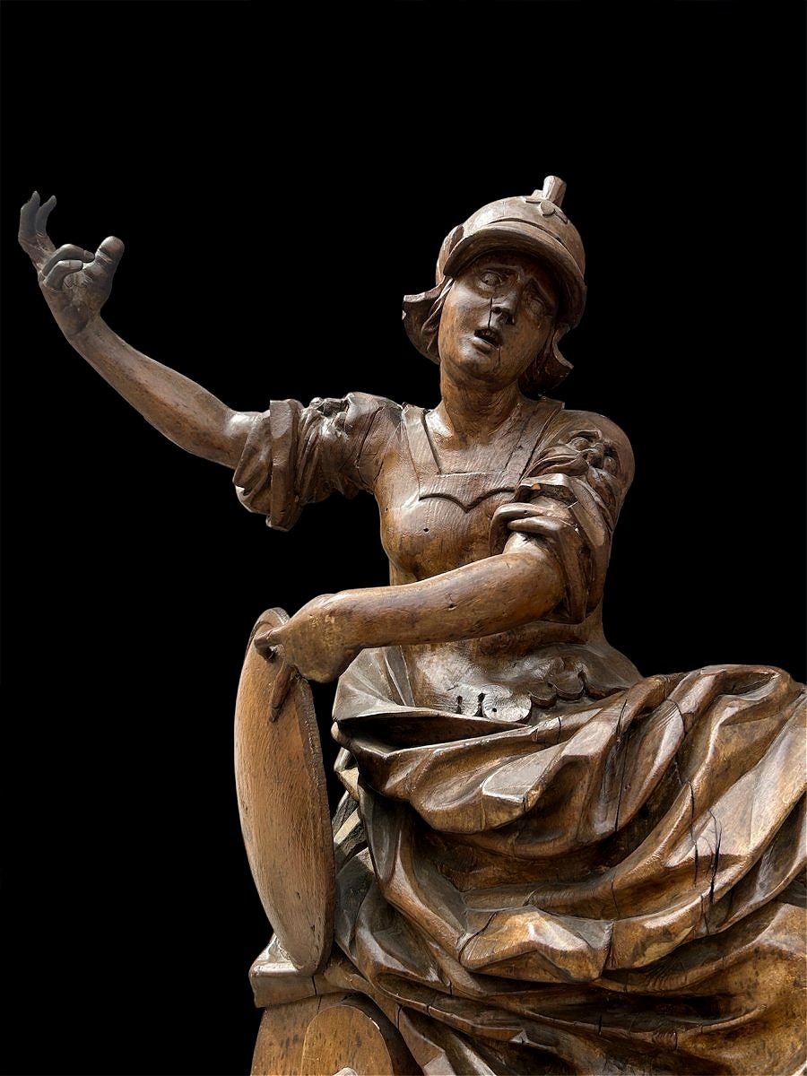Allégorie en bois finement sculptée du Sagesse ou Minerve. Rome, 2nd moitié du XVIIème s. -photo-3
