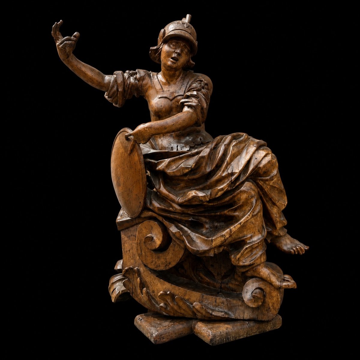 Allégorie en bois finement sculptée du Sagesse ou Minerve. Rome, 2nd moitié du XVIIème s. -photo-1