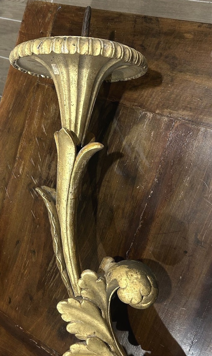 Couple Of Gilded And Richly Carved Palace Candlesticks, 17th-century From Central Italy.-photo-1