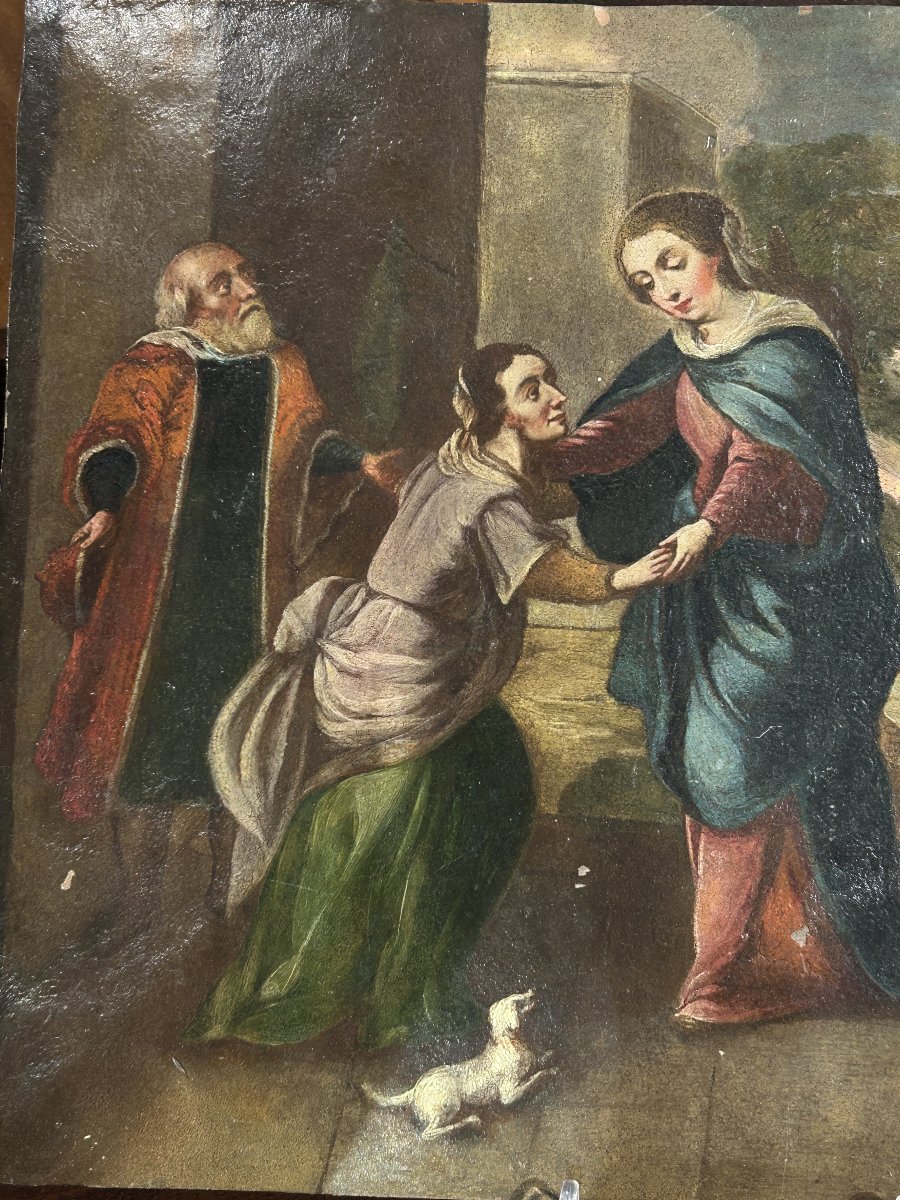 " Visitation de Marie ", Huile sur cuivre réalisée à la fin du XVII Siècle. 37cm x 47cm.-photo-3