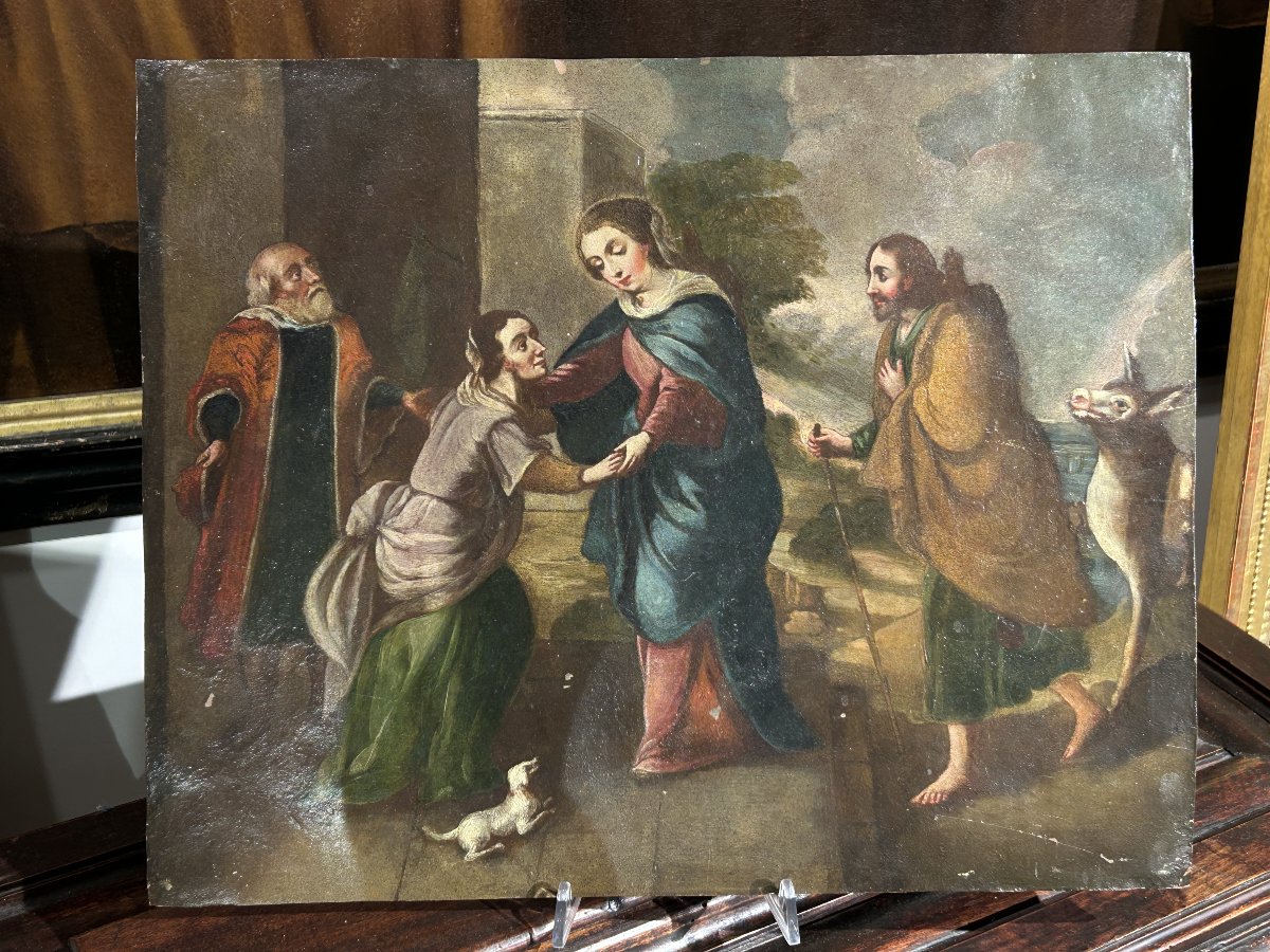 " Visitation de Marie ", Huile sur cuivre réalisée à la fin du XVII Siècle. 37cm x 47cm.-photo-1