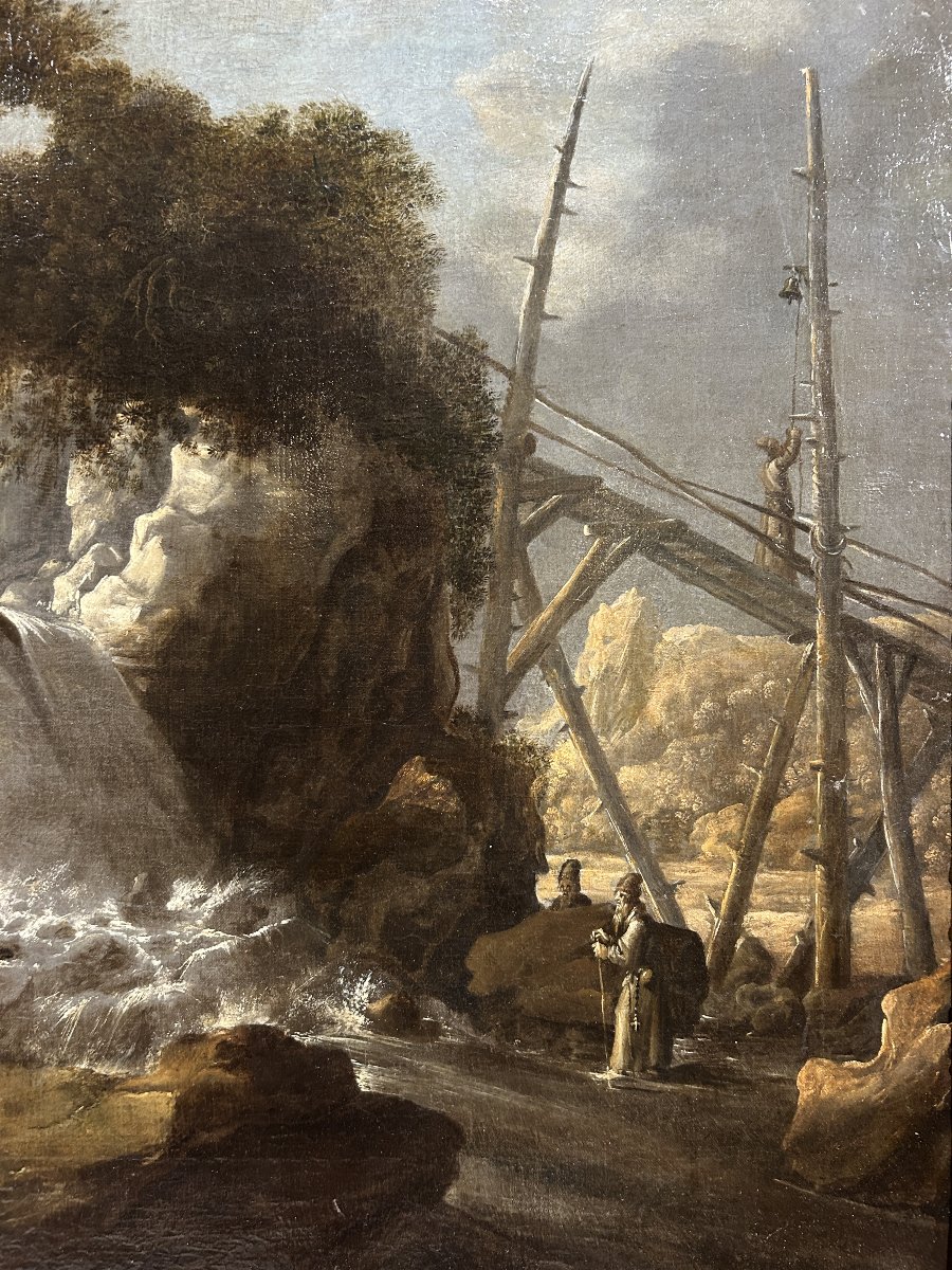 Beau paysage avec cascade et personnages. Hollande, première moitié du XVIIe Siècle.-photo-2