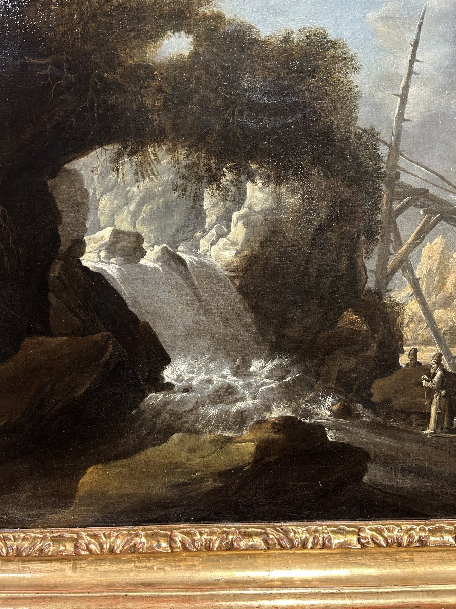 Beau paysage avec cascade et personnages. Hollande, première moitié du XVIIe Siècle.-photo-4