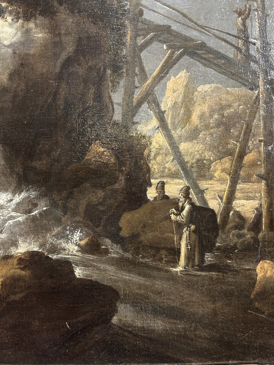 Beau paysage avec cascade et personnages. Hollande, première moitié du XVIIe Siècle.-photo-1