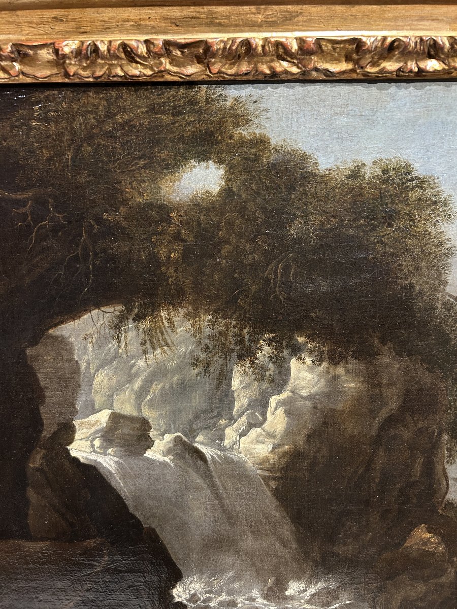 Beau paysage avec cascade et personnages. Hollande, première moitié du XVIIe Siècle.-photo-3
