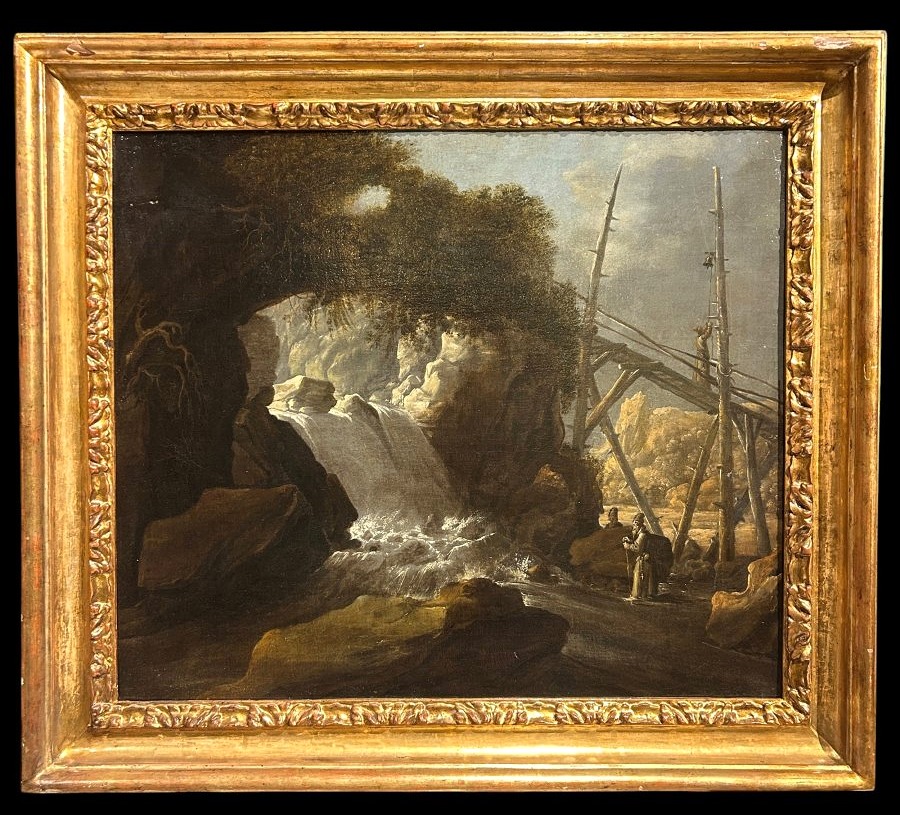 Beau paysage avec cascade et personnages. Hollande, première moitié du XVIIe Siècle.