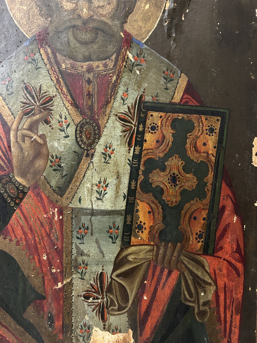 Grande icône orthodoxe sur bois représentant saint Nicolas, à restaurer. (67 cm x 95 cm)-photo-2