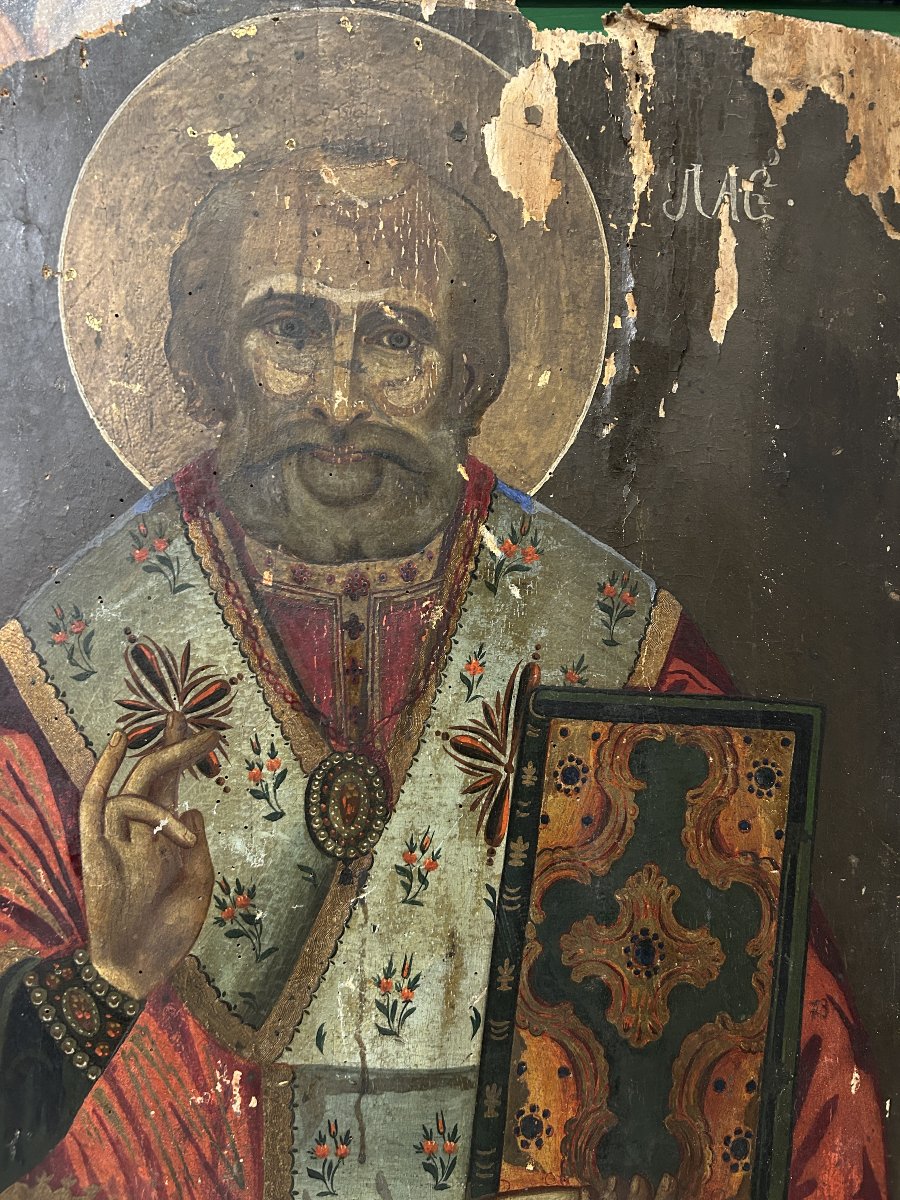 Grande icône orthodoxe sur bois représentant saint Nicolas, à restaurer. (67 cm x 95 cm)-photo-4