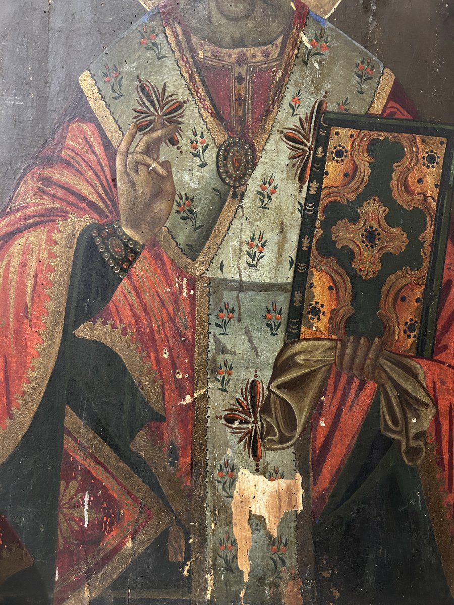 Grande icône orthodoxe sur bois représentant saint Nicolas, à restaurer. (67 cm x 95 cm)-photo-1