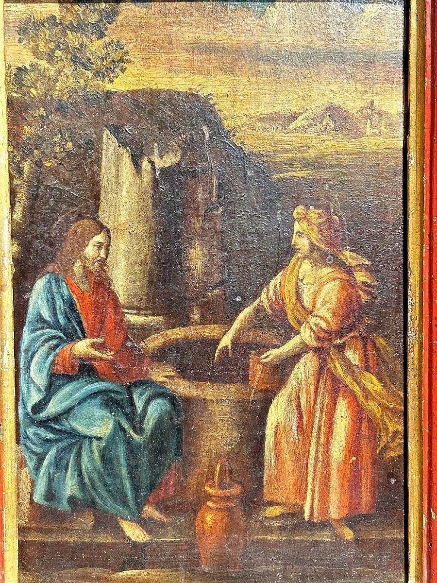 "the Good Samaritan At The Well," Oil On Panel, First Half Of The 17th Century, In A Contemporary Red-lacquered Frame.-photo-2