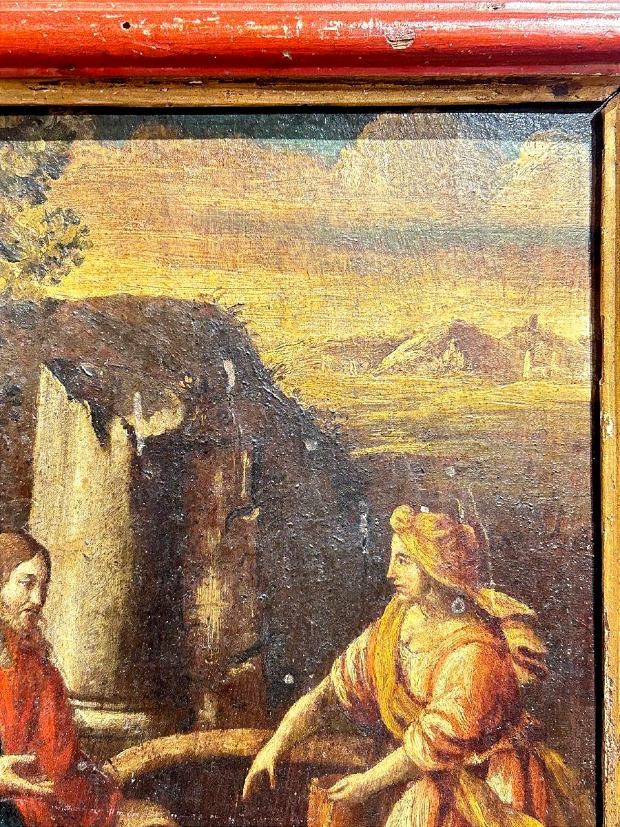 "the Good Samaritan At The Well," Oil On Panel, First Half Of The 17th Century, In A Contemporary Red-lacquered Frame.-photo-1