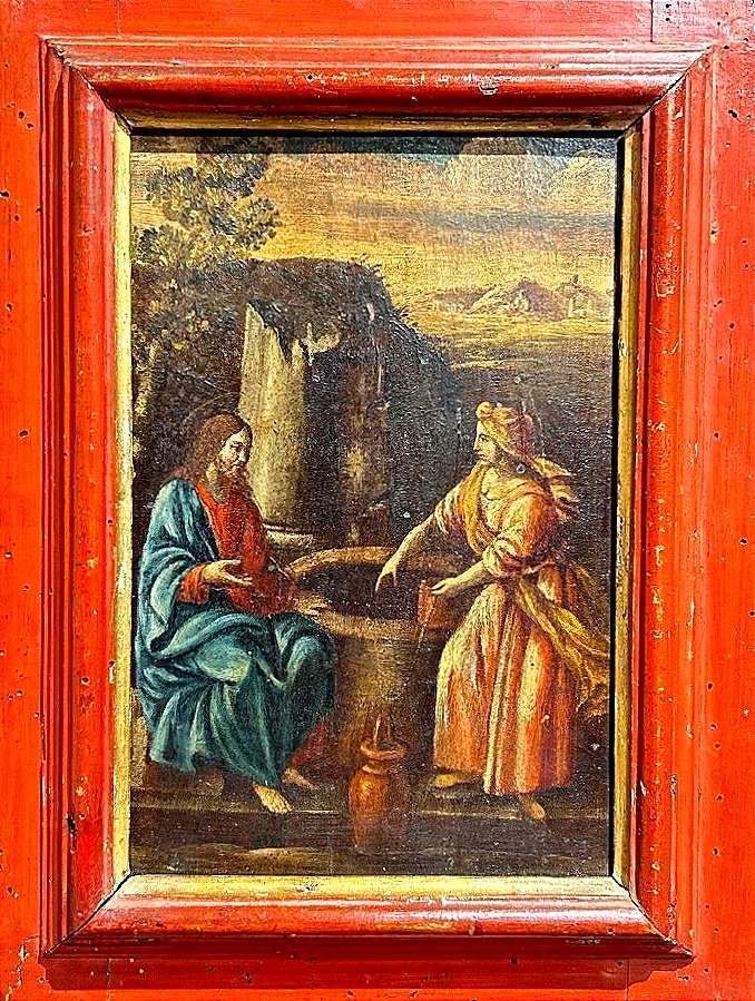 "the Good Samaritan At The Well," Oil On Panel, First Half Of The 17th Century, In A Contemporary Red-lacquered Frame.-photo-2