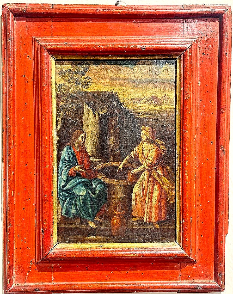 "the Good Samaritan At The Well," Oil On Panel, First Half Of The 17th Century, In A Contemporary Red-lacquered Frame.