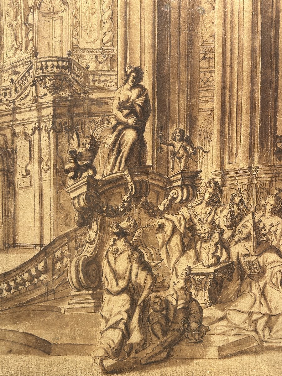 Dessin préparatoire à l'encre sur papier. Quadraturiste français ou nord-italien du XVIIIe s. -photo-2