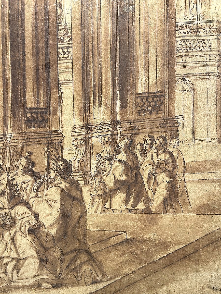 Dessin préparatoire à l'encre sur papier. Quadraturiste français ou nord-italien du XVIIIe s. -photo-3
