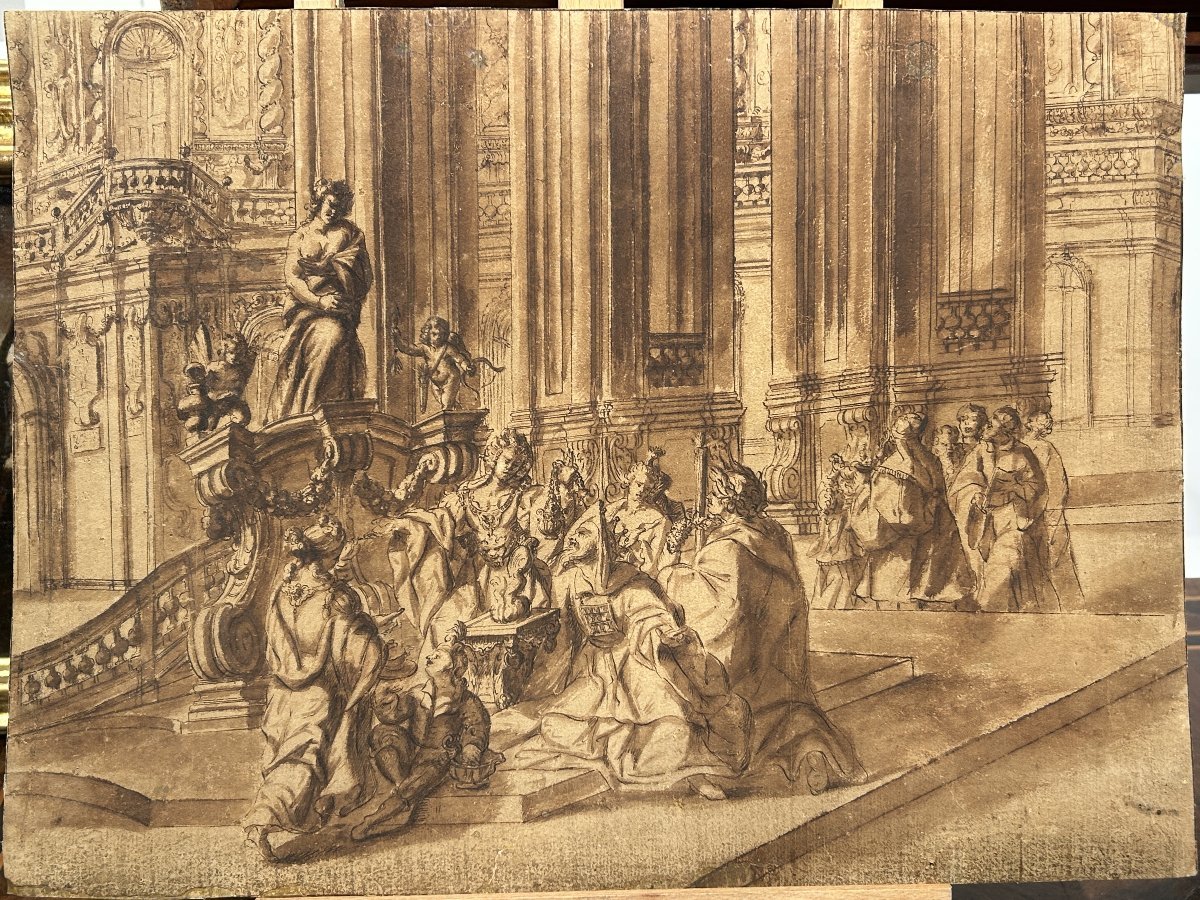 Dessin préparatoire à l'encre sur papier. Quadraturiste français ou nord-italien du XVIIIe s. -photo-4