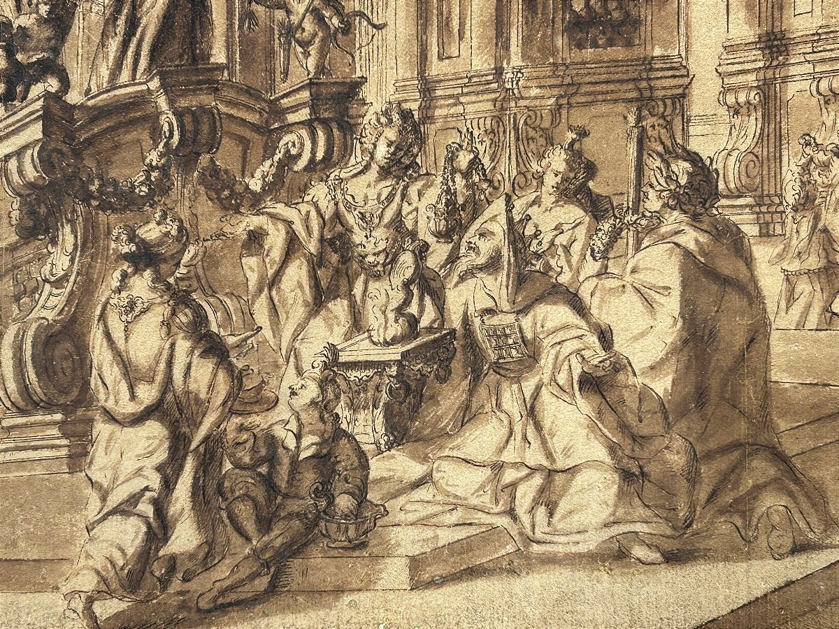 Dessin préparatoire à l'encre sur papier. Quadraturiste français ou nord-italien du XVIIIe s. -photo-1