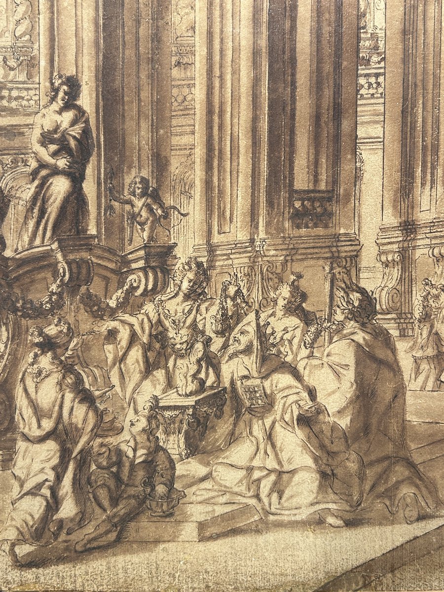 Dessin préparatoire à l'encre sur papier. Quadraturiste français ou nord-italien du XVIIIe s. -photo-2