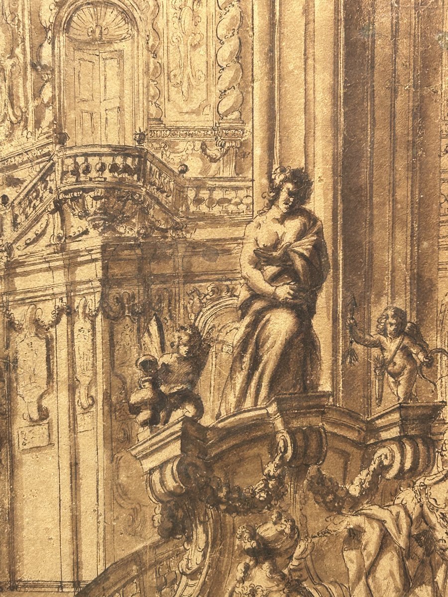 Dessin préparatoire à l'encre sur papier. Quadraturiste français ou nord-italien du XVIIIe s. -photo-3
