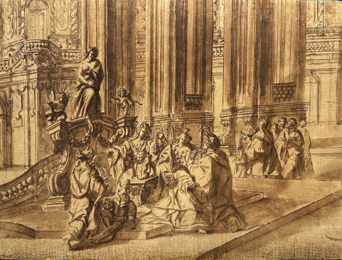 Dessin préparatoire à l'encre sur papier. Quadraturiste français ou nord-italien du XVIIIe s. 