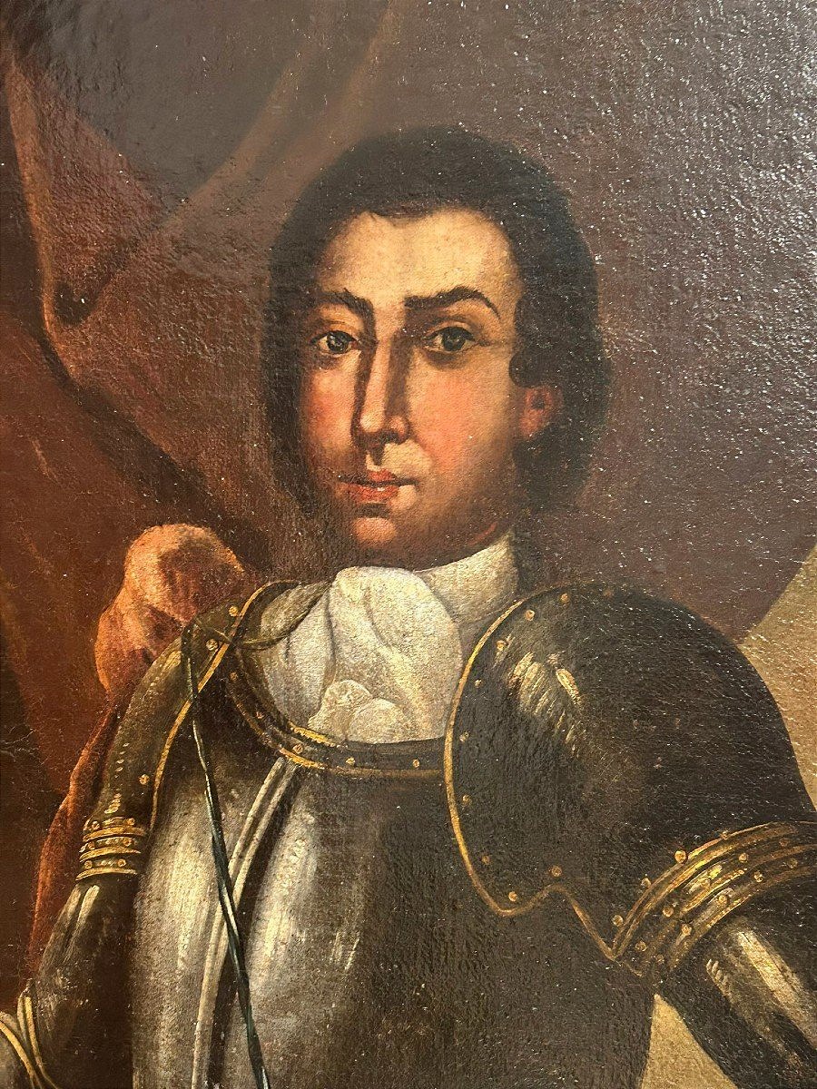 Portrait d'un noble sicilien en armure avec scène de la bataille de Vienne en arrière-plan.-photo-4