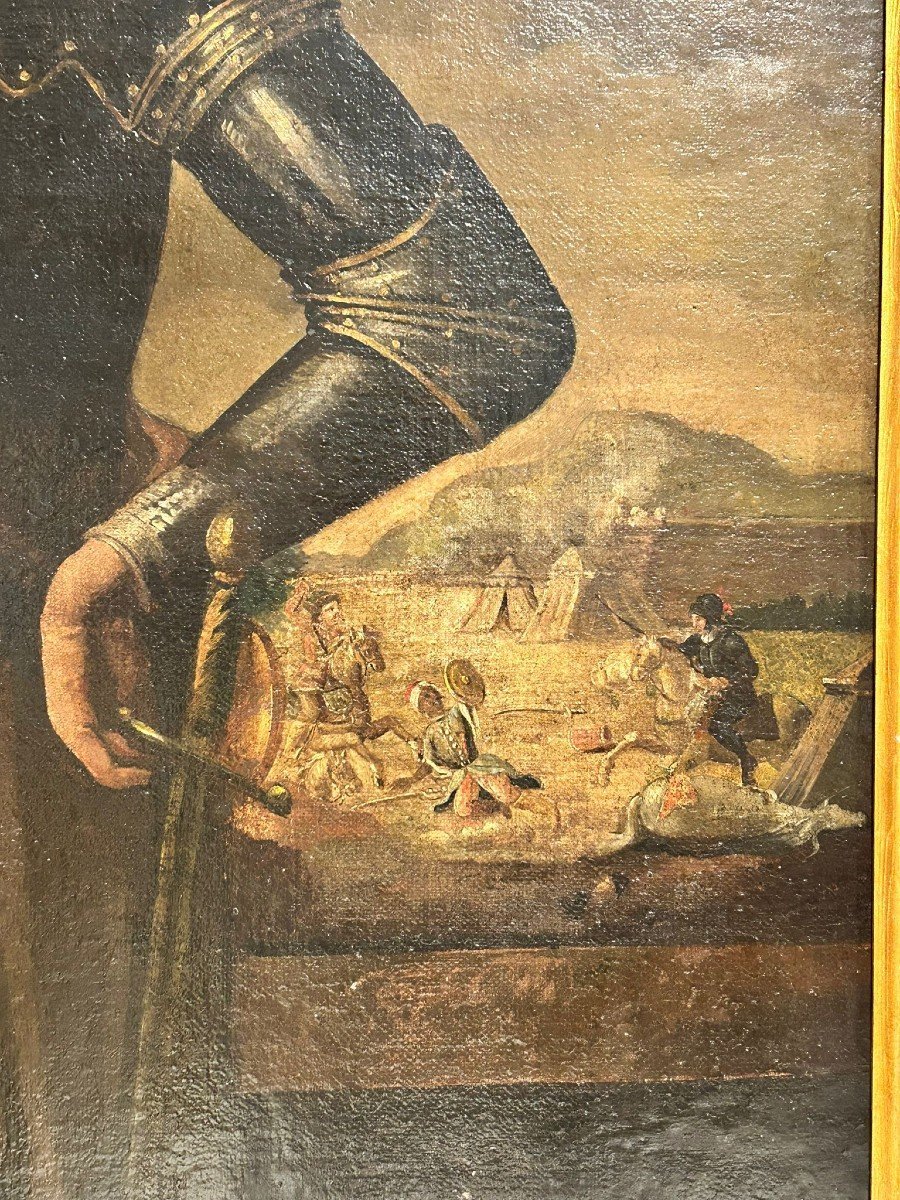 Portrait d'un noble sicilien en armure avec scène de la bataille de Vienne en arrière-plan.-photo-1