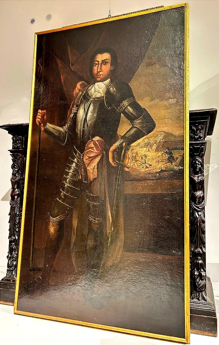 Portrait d'un noble sicilien en armure avec scène de la bataille de Vienne en arrière-plan.
