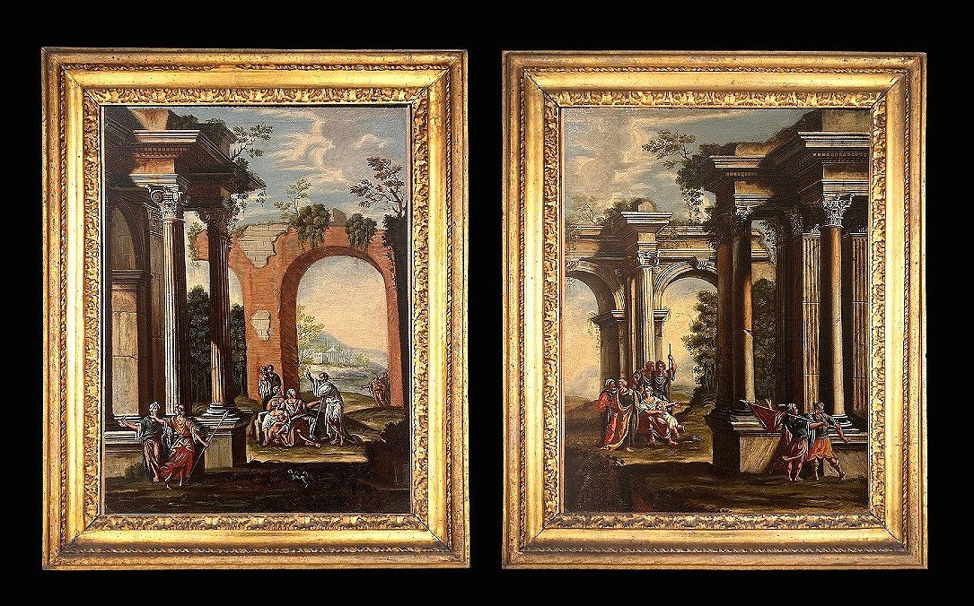 A Pair Of Architectural Caprices Featuring Biblical Scenes With Coeval Roman Frames.