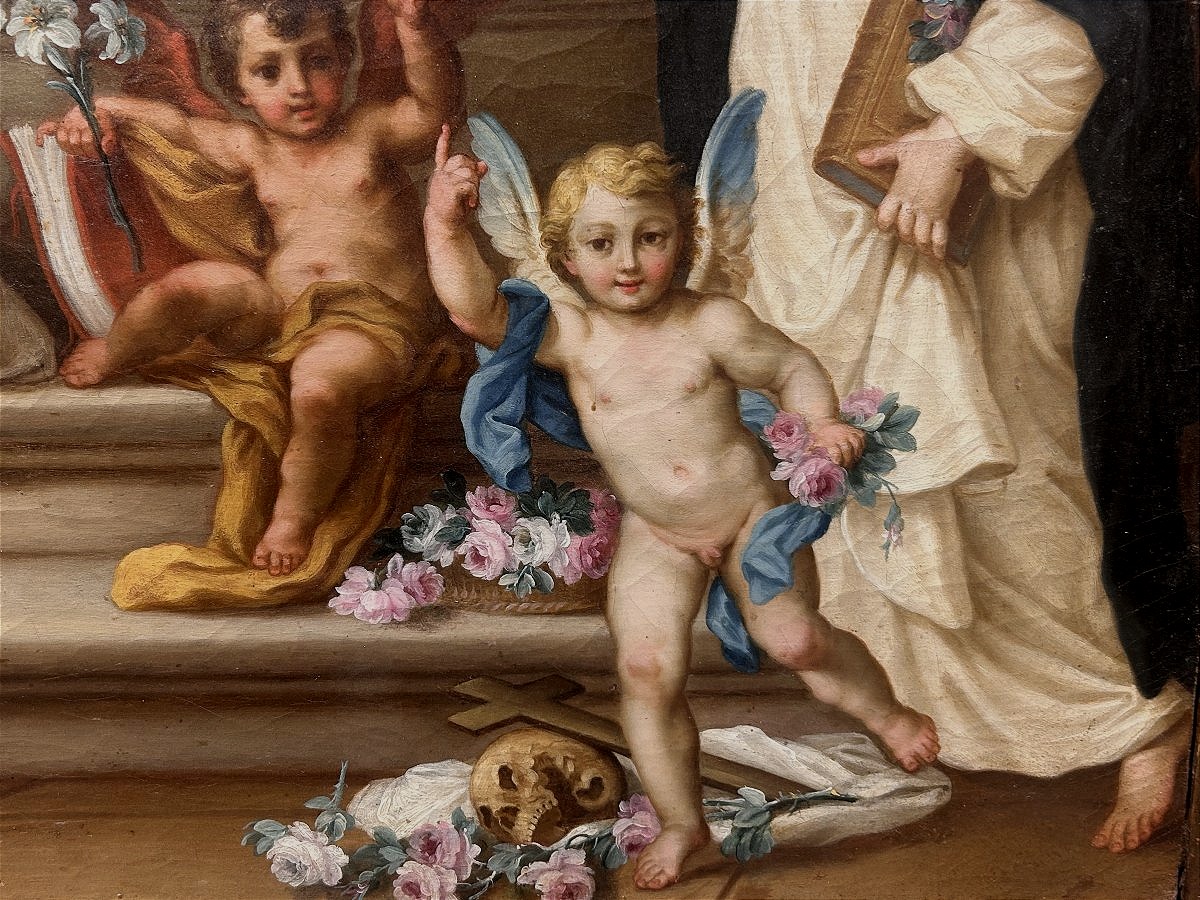 Sebastiano Conca - "Madonna del Rosario" sur un rare cadre sculpté et incrusté de verre.-photo-2