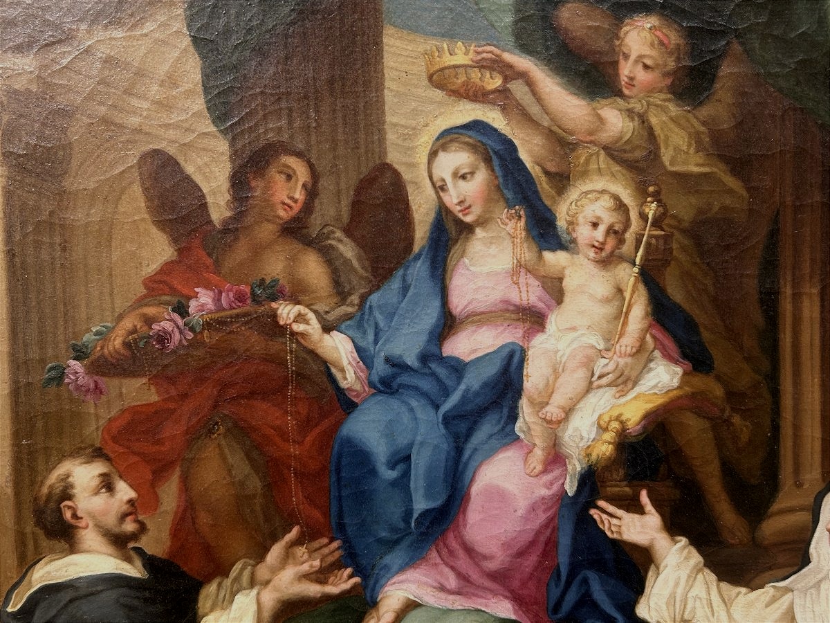 Sebastiano Conca - "Madonna del Rosario" sur un rare cadre sculpté et incrusté de verre.-photo-3