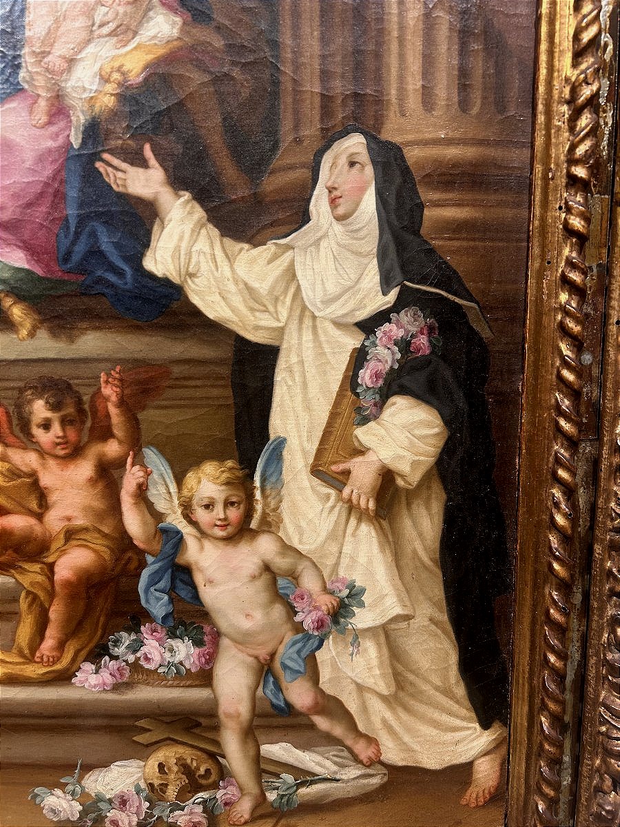 Sebastiano Conca - "Madonna del Rosario" sur un rare cadre sculpté et incrusté de verre.-photo-1