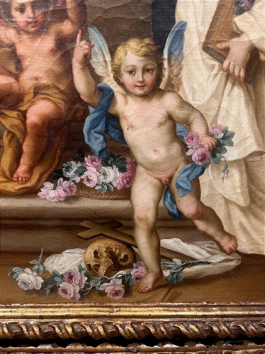 Sebastiano Conca - "Madonna del Rosario" sur un rare cadre sculpté et incrusté de verre.-photo-2