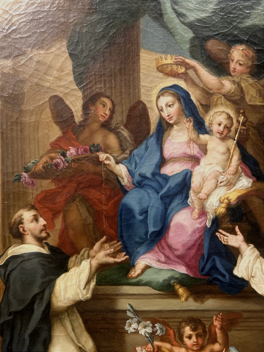 Sebastiano Conca - "Madonna del Rosario" sur un rare cadre sculpté et incrusté de verre.-photo-5