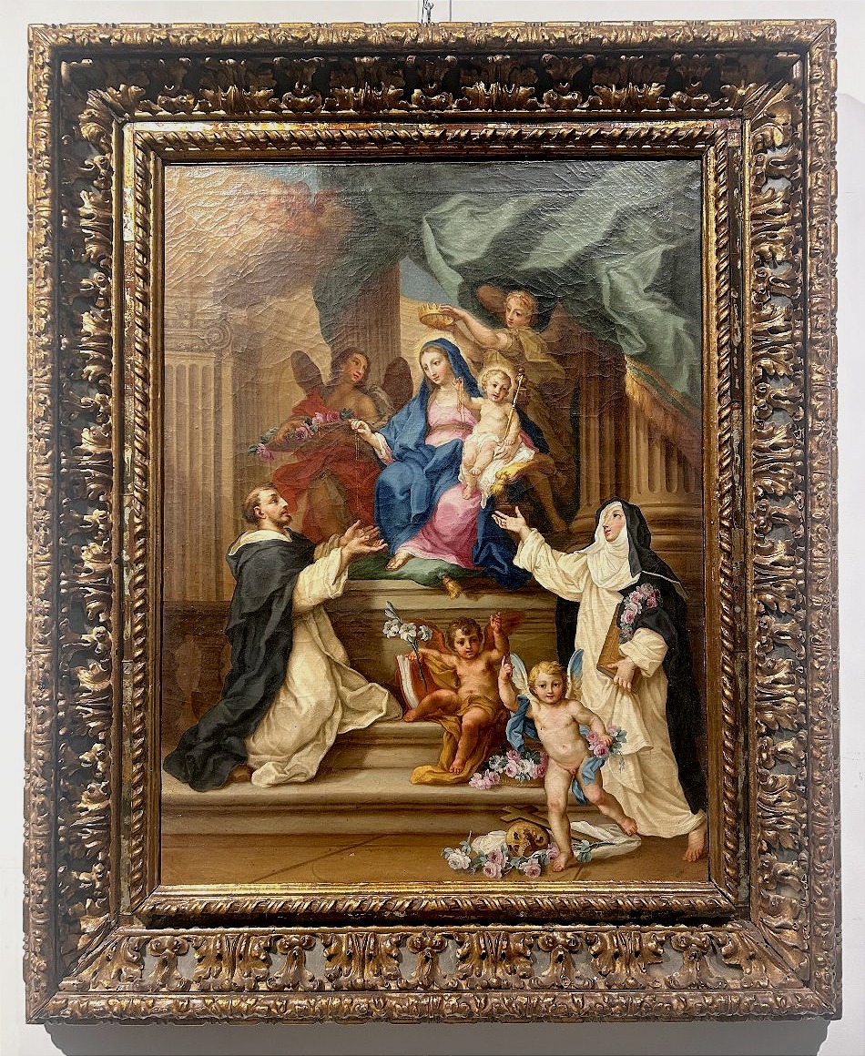 Sebastiano Conca - "Madonna del Rosario" sur un rare cadre sculpté et incrusté de verre.