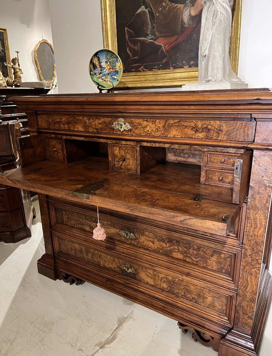 A 5-drawer Walnut-burl Cabinet With A Writing Desk. Rome, 17th Century.-photo-1