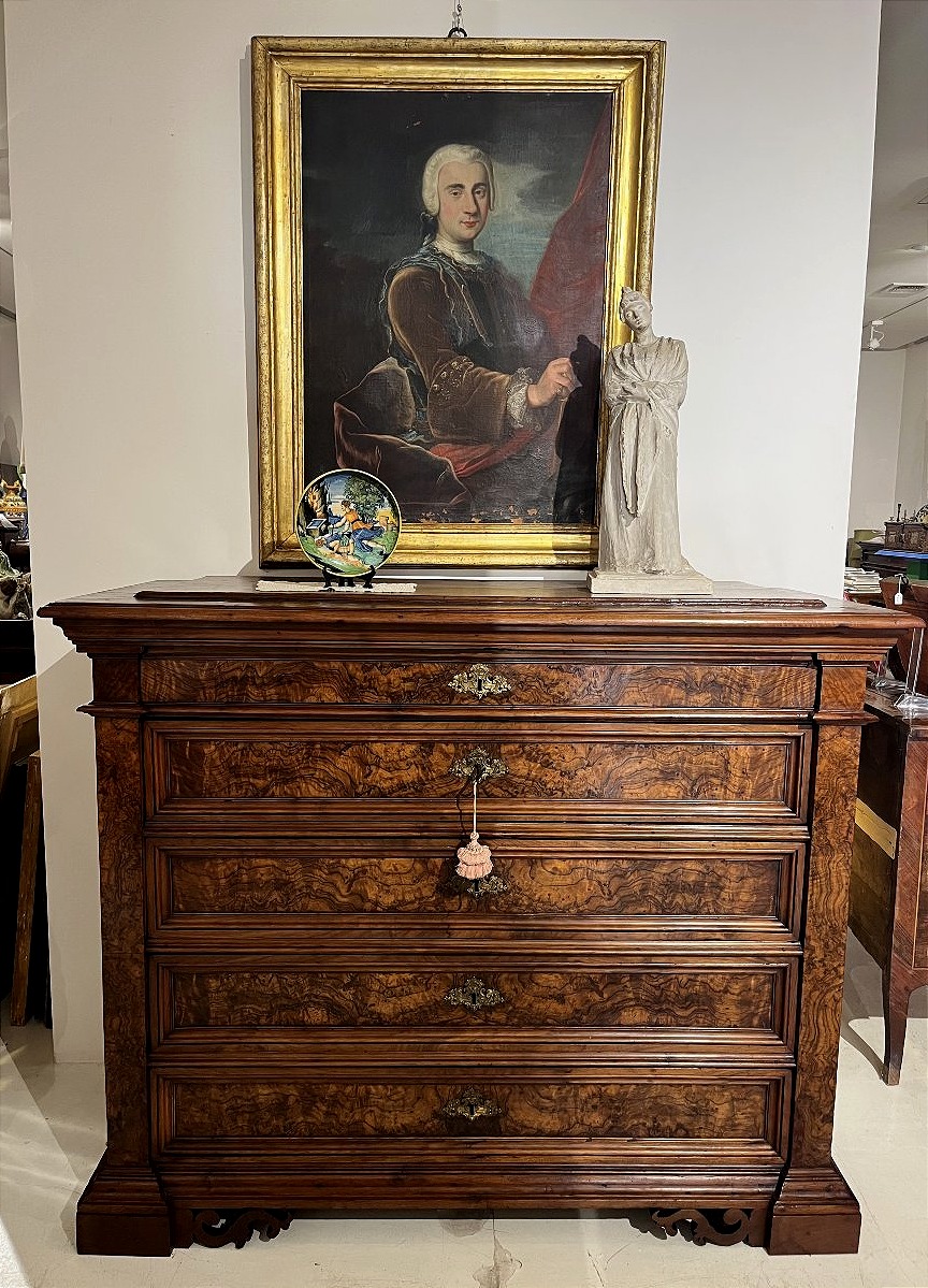A 5-drawer Walnut-burl Cabinet With A Writing Desk. Rome, 17th Century.